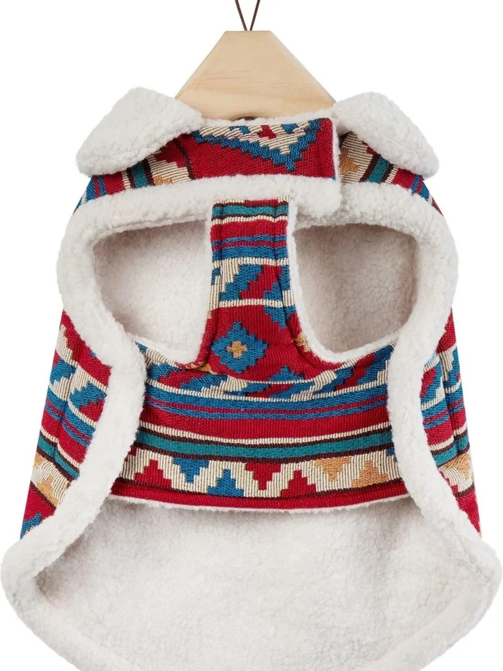 Red Patterned Dog Jacket with Faux Sherpa Collar
